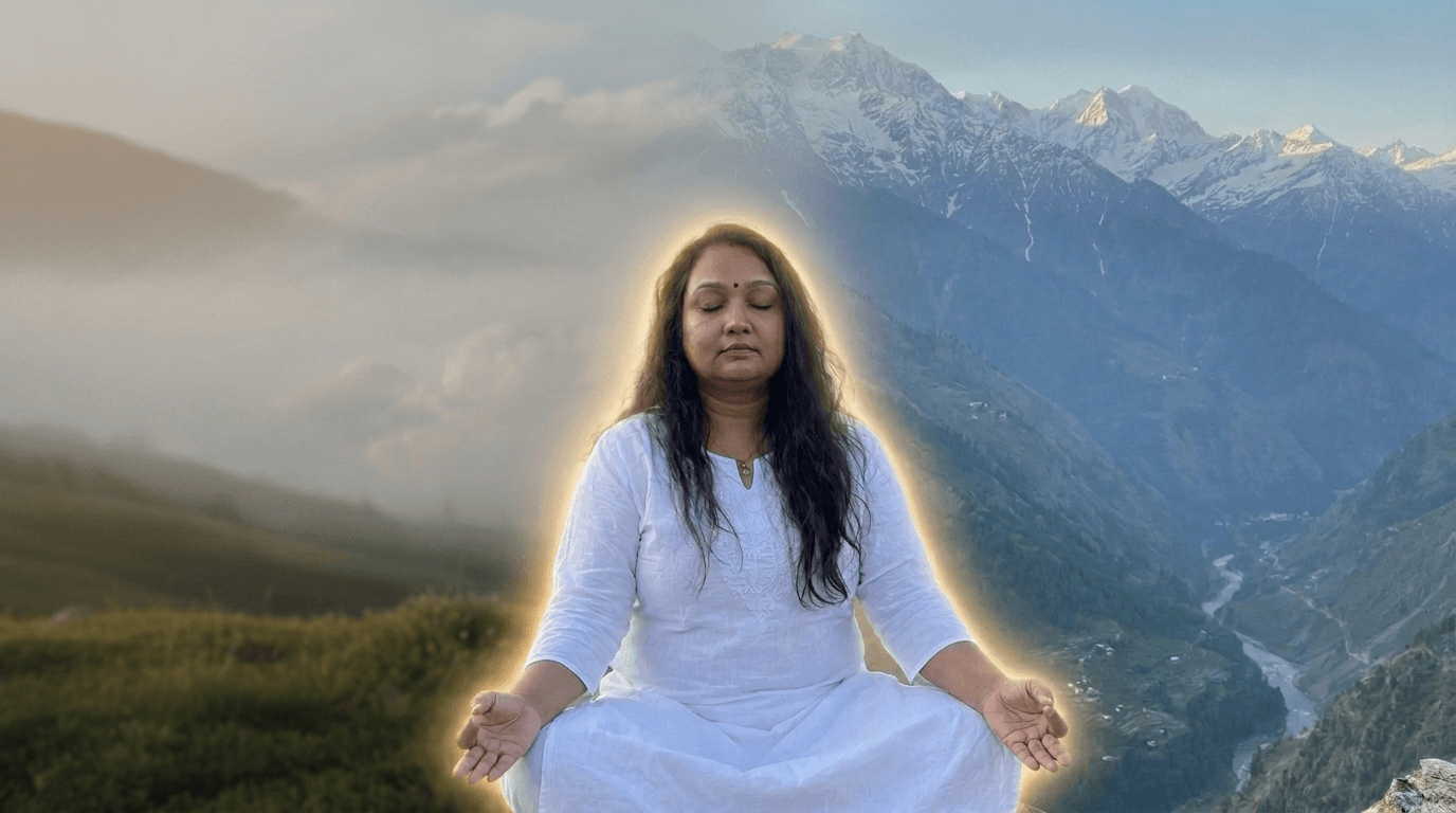 Dr. Devanu meditating in a serene mountain landscape